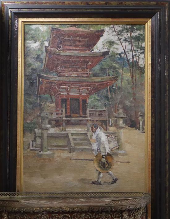 Roland Strasser (1895-1974), oil on canvas, Pilgrim arriving at Temple, signed, 81 x 52cm